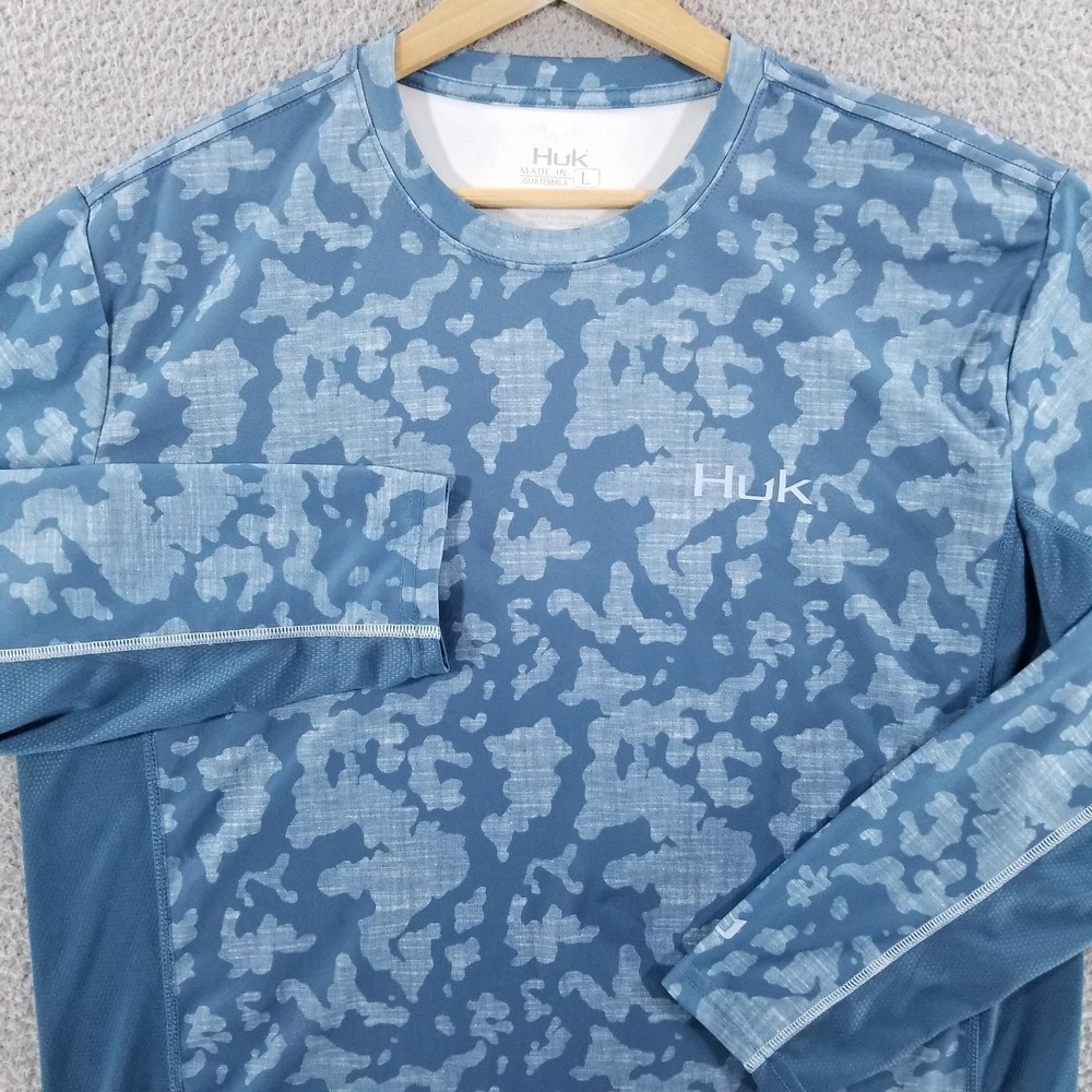 Huk Fishing Shirt Mens Large Blue Icon Running Lakes Camo Outdoor Jersey Wicking